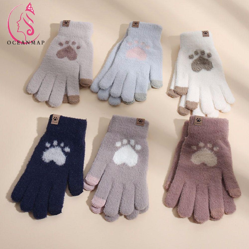 Đôi Găng Tay Len Phối Nhung Hình Chân Mèo Đơn Giản Ấm Áp Cho Nữ