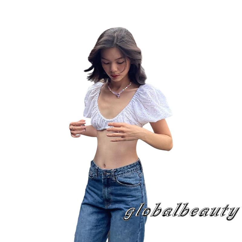 Áo Croptop Tay Phồng Ngắn Phối Ren Rỗng Thêu Họa Tiết Thời Trang Mùa Hè Cho Nữ