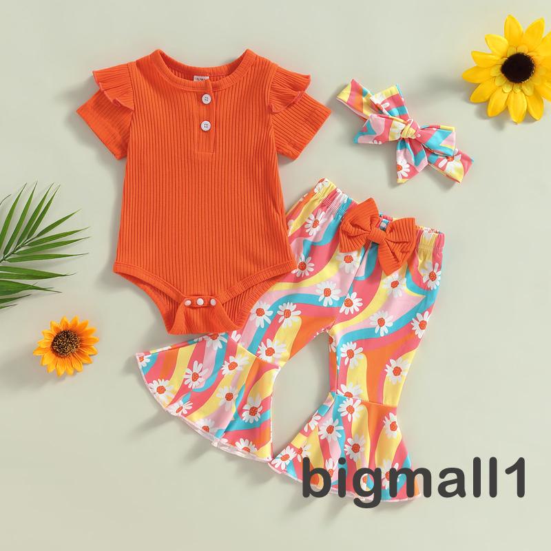 Set Áo Liền Quần Tay Ngắn + Quần Dài Ống Loe + Băng Đô Màu Trơn Dễ Thương Cho Bé Gái 0-18 Tháng Tuổi