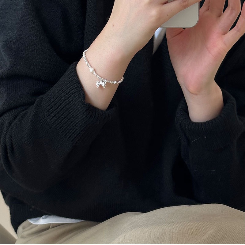 Vòng đeo tay hạt bạc nghiền thủ công, vòng đeo tay Hàn Quốc, vòng đeo tay nơ dễ thương, vòng đeo tay nữ thanh lịch và ngọt ngào, vòng đeo tay thời trang mát mẻ