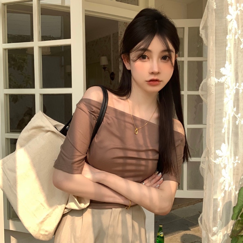 COZOKC Áo Thun Tay Ngắn Trễ Vai Thiết Kế Mỏng Năng Động Thời Trang