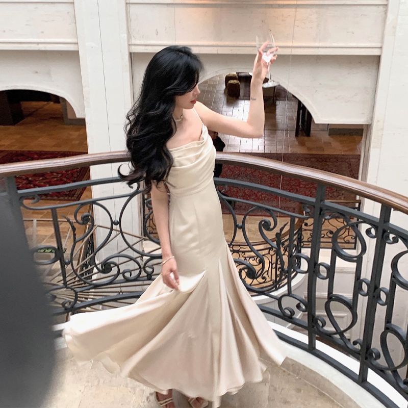 Đầm Đuôi Cá Hai Dây Bằng Vải Satin Nhún Bèo Phong Cách Pháp Thời Trang Mùa Hè