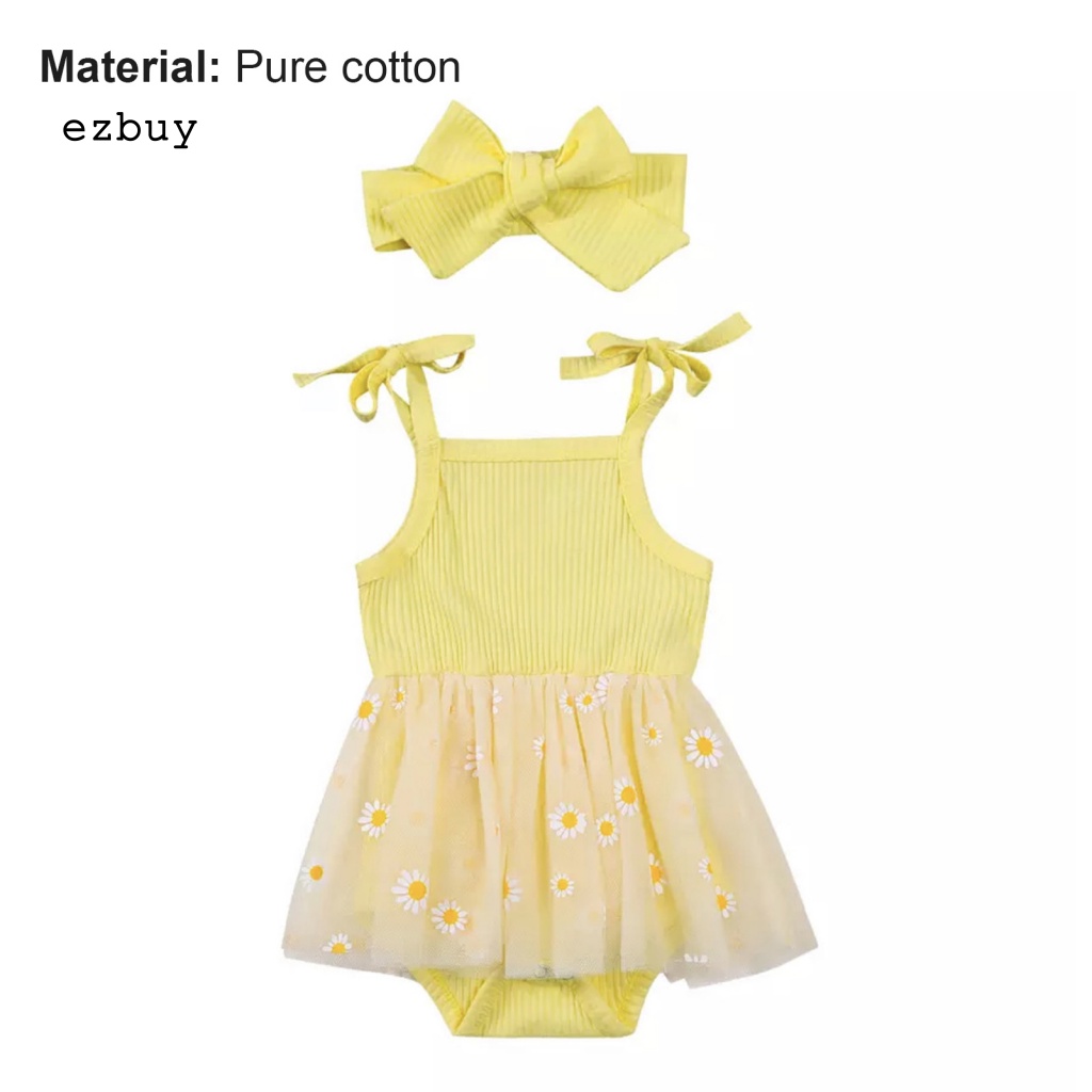 [EY] Bộ Áo Liền Quần Màu Trơn Thắt Nơ In Hoa Phối Lưới Kèm Băng Đô Cài Tóc Cho Bé Gái