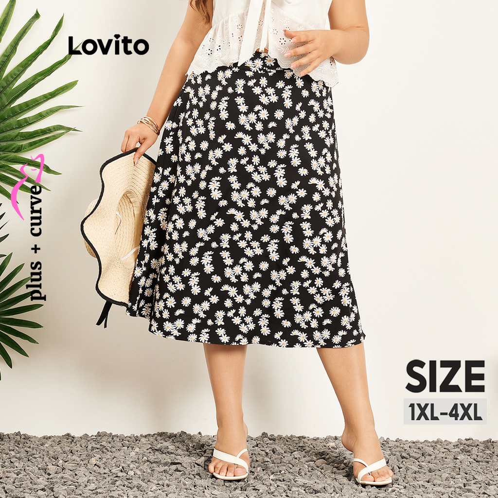 Chân váy midi LOVITO lưng cao họa tiết hoa viền cong size lớn phong cách boho mùa hè cho nữ LPS07048 (màu đen)