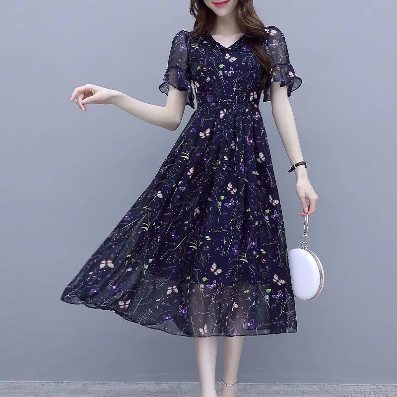 Đầm Voan Hoa Xếp Ly Cổ Chữ V Thời Trang Mùa Hè 2023 Cho Nữ Size S-3XL