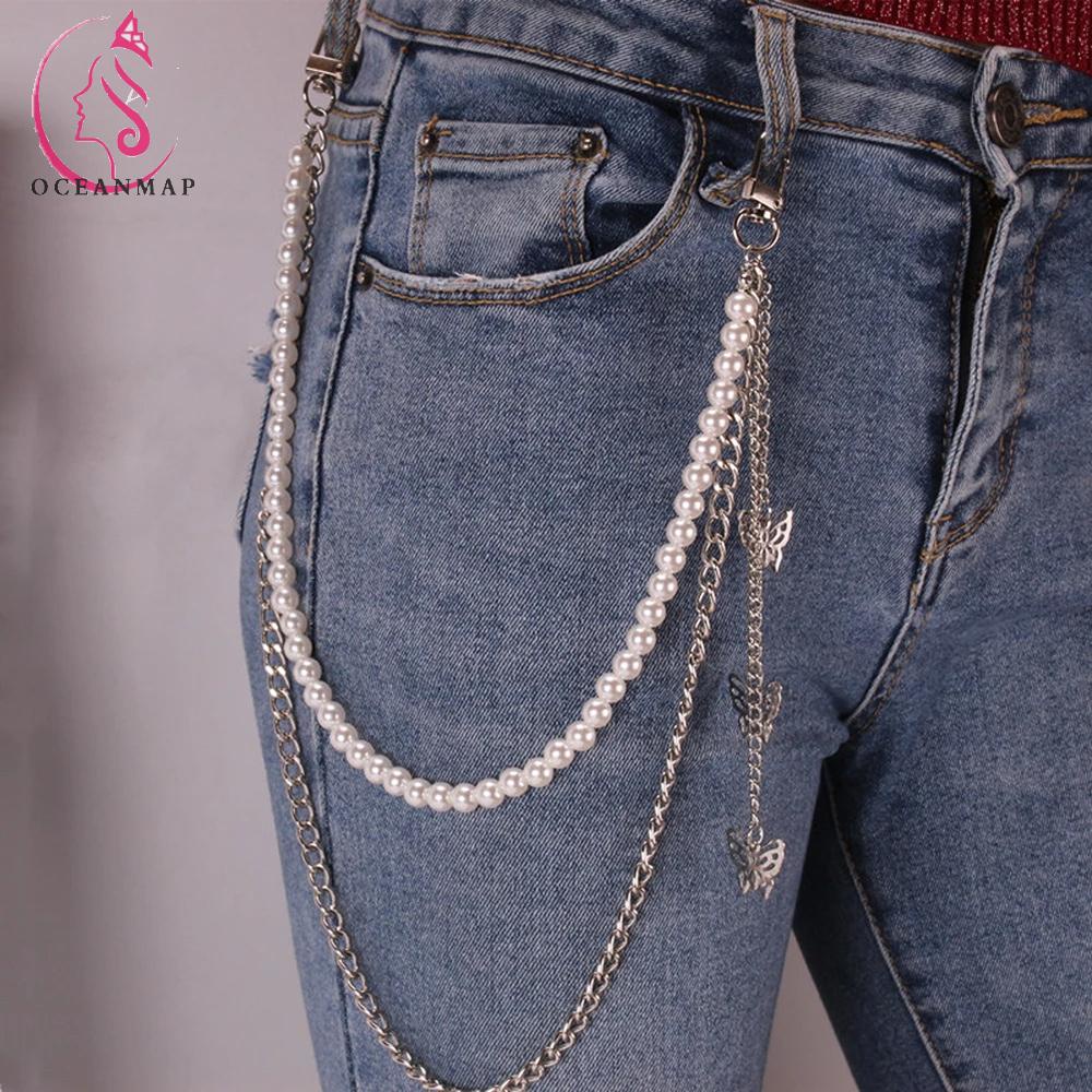 Quần jean phối xích hình bướm và chuỗi ngọc trai thời trang phong cách Punk ấn tượng cho nữ