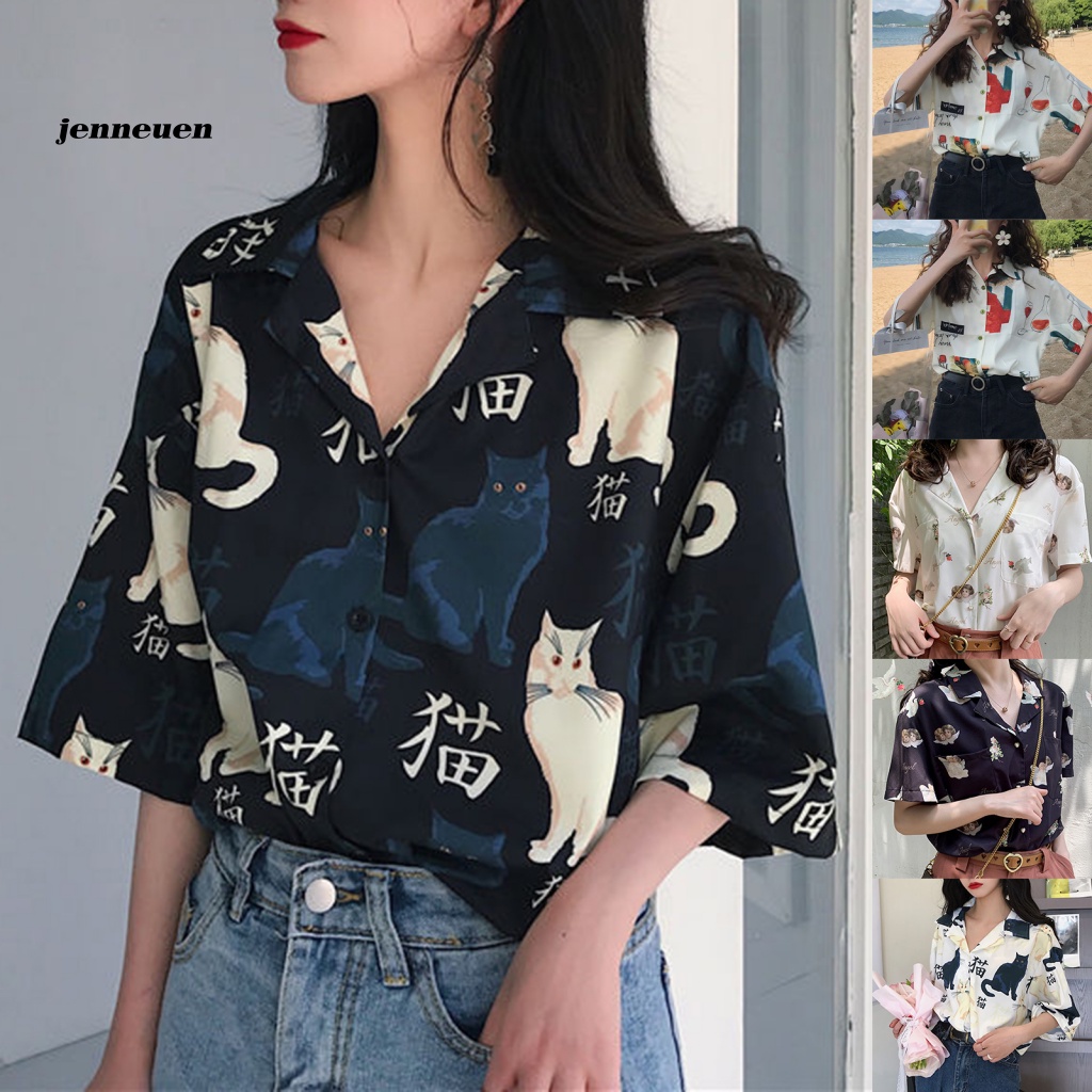 Áo Sơ Mi Ngắn Tay Dáng Rộng In Họa Tiết Phối Nút Xinh Xắn Dành Cho Nữ