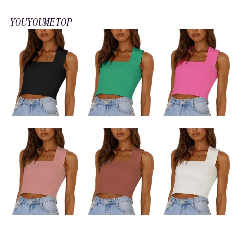 Áo Croptop Dệt Kim Sát Nách Màu Trơn Cổ Vuông Ôm Dáng Gợi Cảm Cho Nữ
