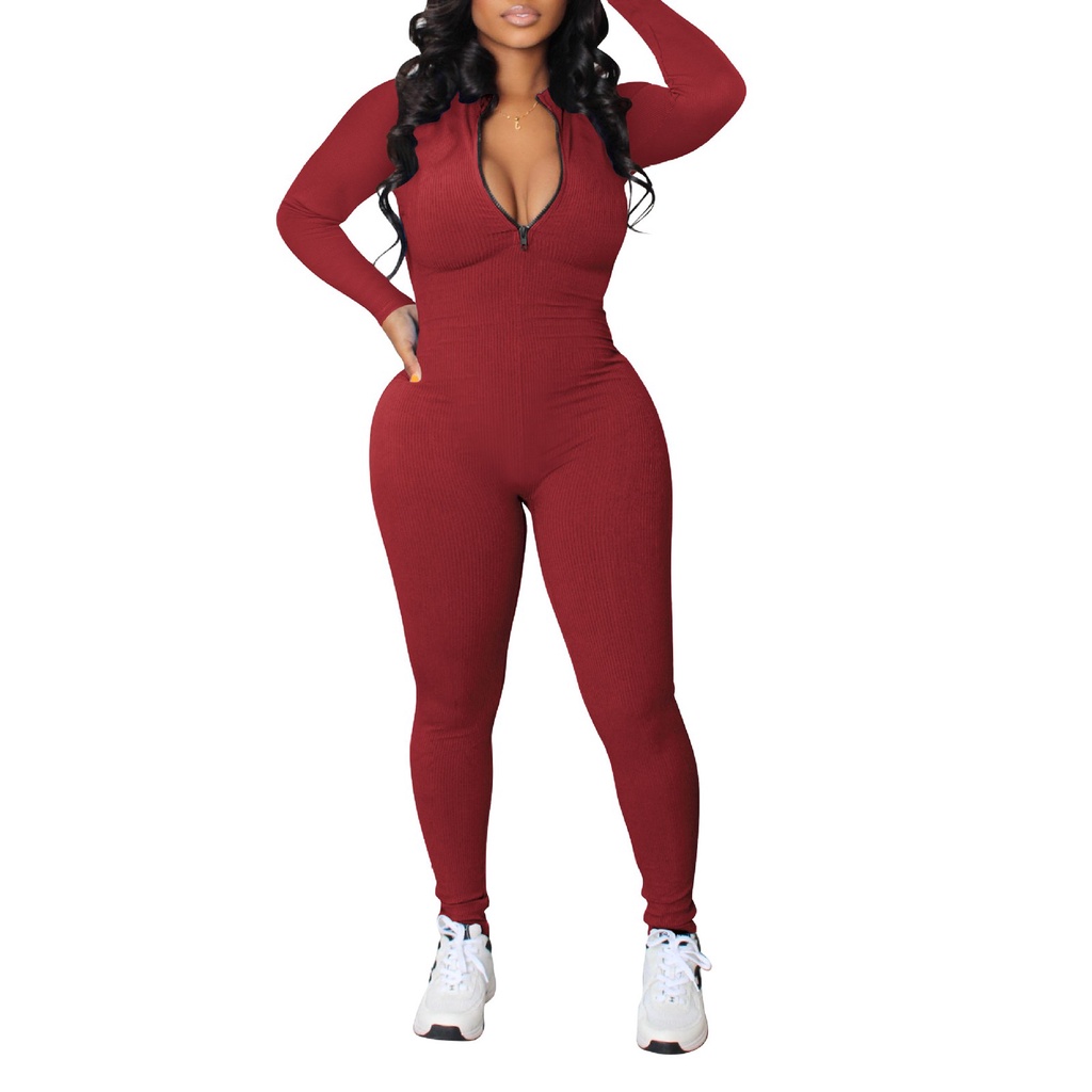 [MM0411] Áo Liền Quần Tay Dài Cổ Đứng Có Dây Kéo Màu Trơn Dành Cho Nữ