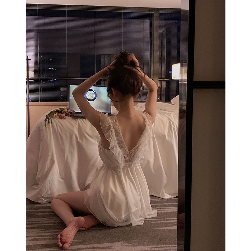 Đầm Hai Dây Hở Lưng Dáng Rộng Vải Satin Phối Ren Màu Trắng Phong Cách Pháp Thời Trang Mùa Hè Quyến Rũ Cho Nữ