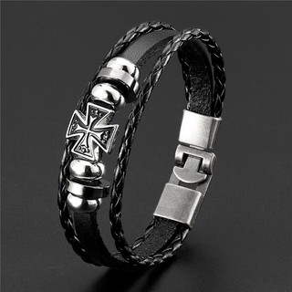Vòng tay da pu nhiều lớp đính hạt bằng thép không gỉ phong cách punk cổ điển cho nam và nữ