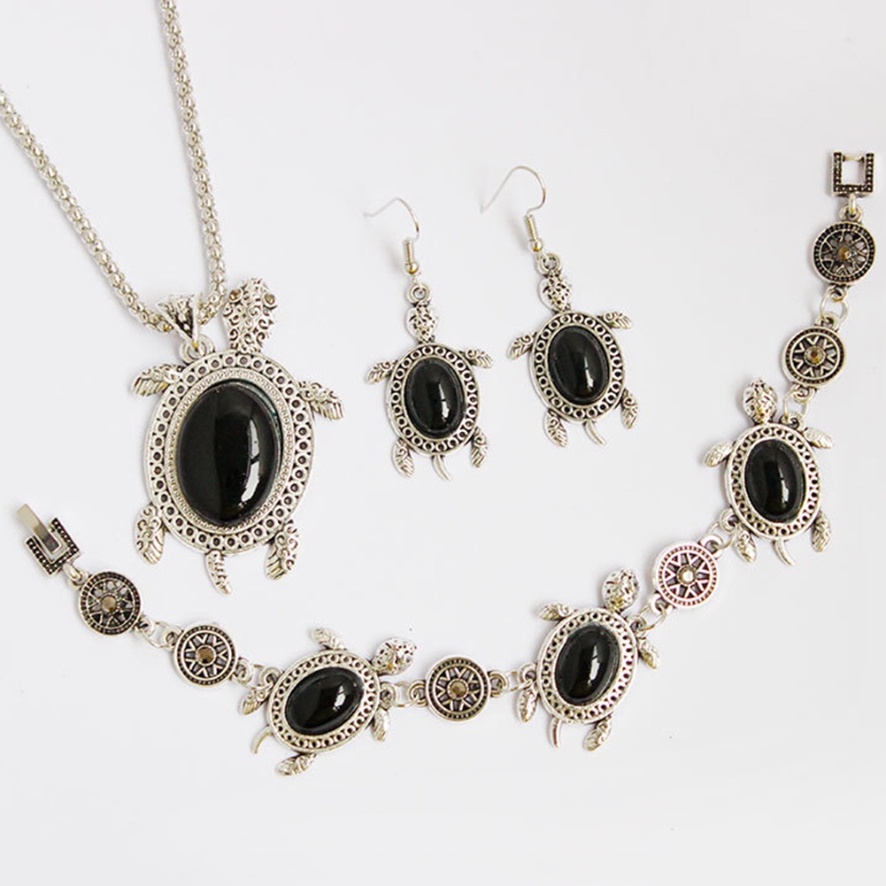 Bộ Trang Sức 3 Món Gồm Vòng cổ Bông Tai Vòng Tay Và Nhẫn Hình Rùa Con Đính Đá Ngọc Lam