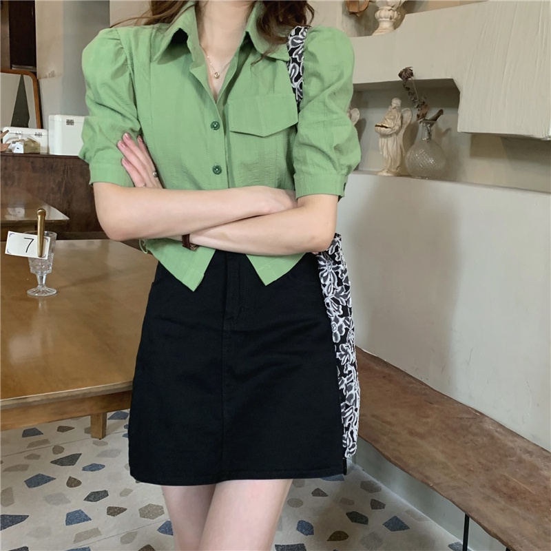 SUXI Áo Kiểu Tay Phồng Rút Dây Ôm Dáng Phong Cách Hàn Quốc