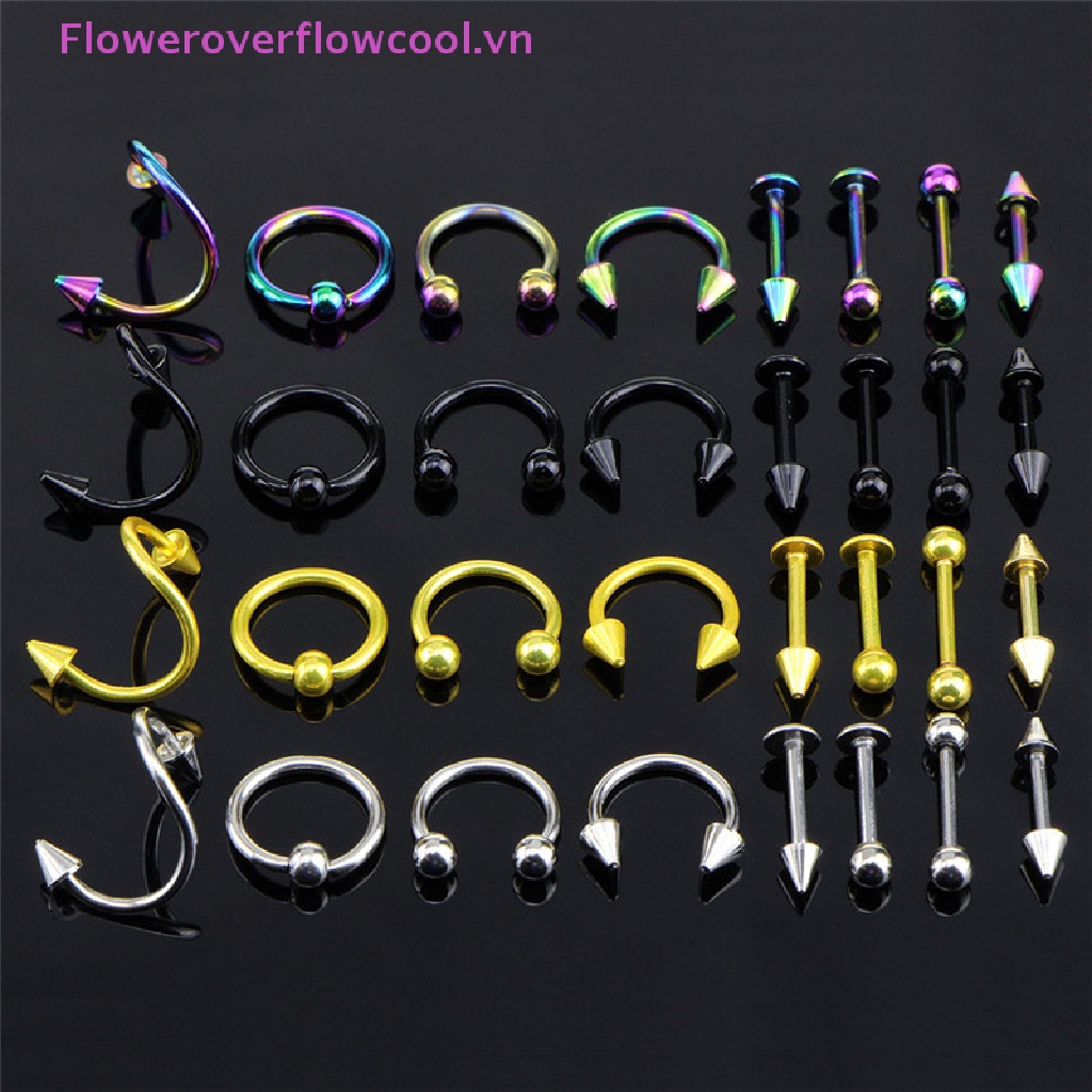 Bộ 16 Khuyên Xỏ Cơ Thể Bằng Thép Không Gỉ Hình Xoắn Ốc