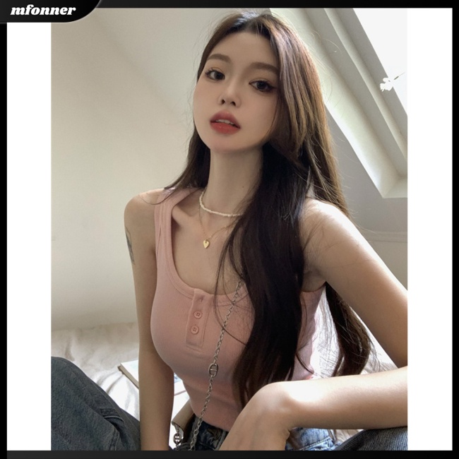 Áo Croptop Dệt Kim Không Tay Cổ Chữ U Màu Sắc Đơn Giản Cho Nữ