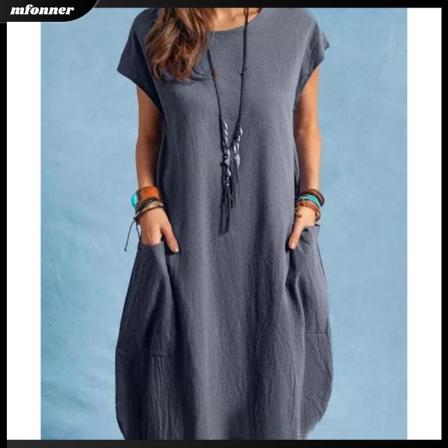 Đầm Midi Cotton Lanh Tay Ngắn Cổ Tròn Màu Sắc Đơn Giản Dành Cho Nữ
