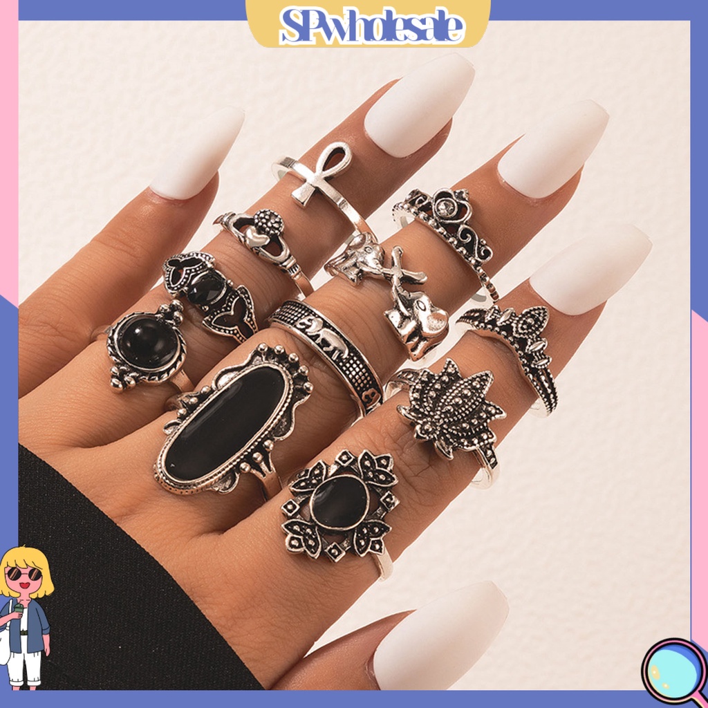 <SPwholesale> Bộ 11 Nhẫn Hợp Kim Đính Đá Nhân Tạo Màu Đen Phong Cách Bohemian