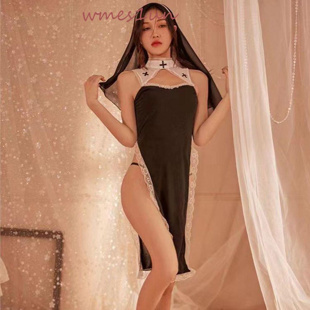 Đầm Ngủ 15H Nun Xẻ Cao Gợi Cảm Hóa Trang Kèm Băng Đô Cài Tóc Phong Cách Vintage Cho Nữ