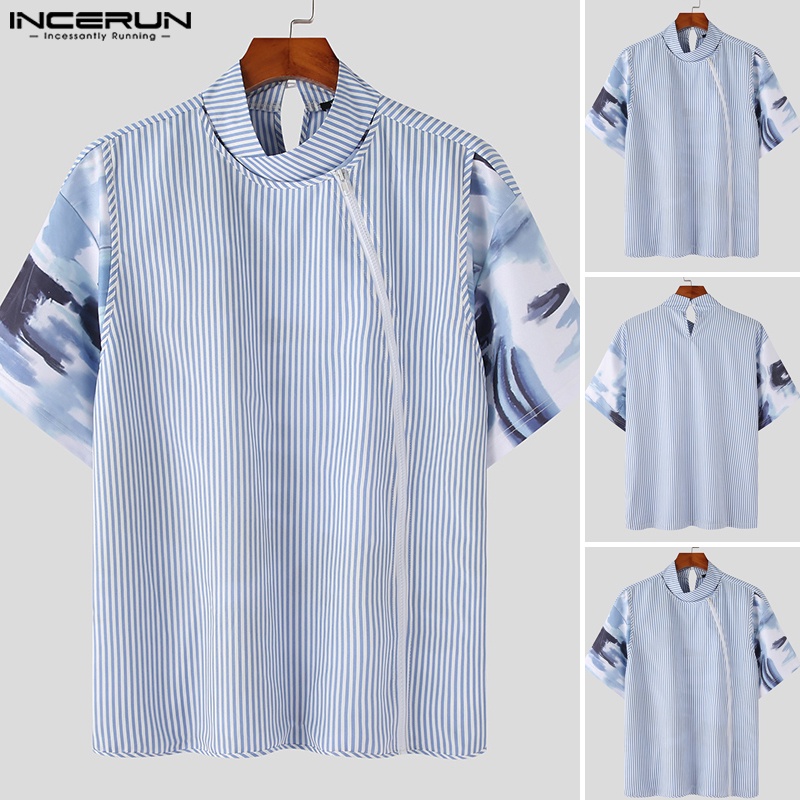 Áo kiểu INCERUN tay ngắn họa tiết kẻ sọc họa tiết phong cảnh thời trang cho nam
