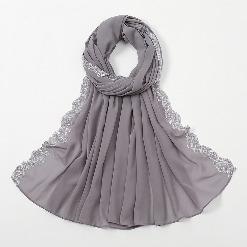 Khăn Choàng Cổ Chiffon Màu Trơn Phối Ren Và Ngọc Trai Thời Trang Mùa Hè Kích Thước 172-72CM Cho Nữ