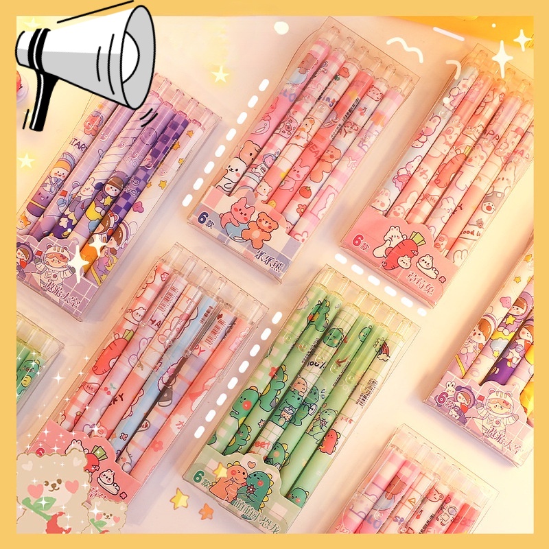 Set 6 Bút Mực Gel Đen Phim hoạt hình dễ thương Hàn Quốc bút mùa xuân văn phòng phẩm