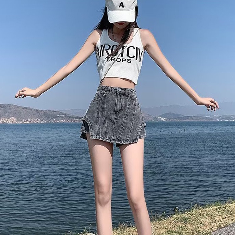 IELGY   Quần Short denim Lưng Cao Dáng Chữ a Phong Cách Hàn Quốc Cho Nữ