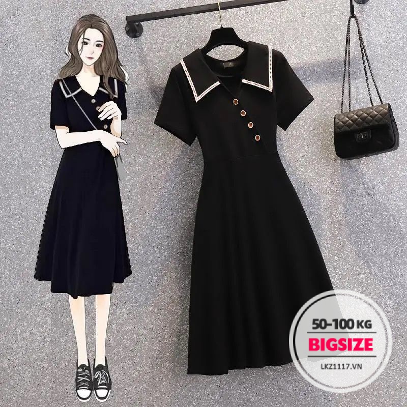 Đầm dáng suông Bigsize Váy nữ tay ngắn có cổ che bụng mỡ ôm eo chữ a mùa hè Phong cách Hàn Quốc Thời Trang tiểu thư cá tính xinh đẹp cho người mập béo
