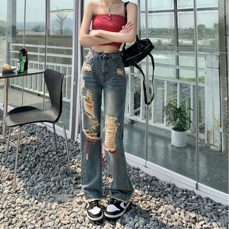 COZOKC Quần Jeans Skinny Lưng Cao Phối Rách Phong Cách Vintage