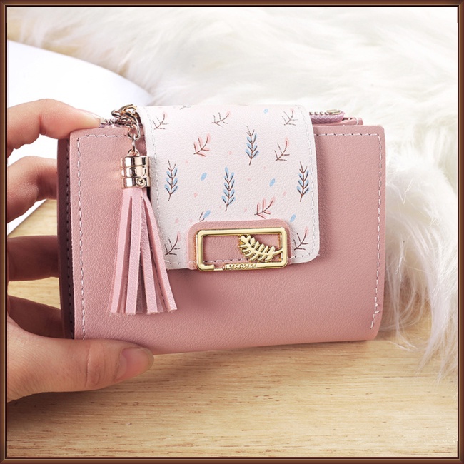 Ví Da Pu Ngắn Dạng Gập Có Mặt Dây Tua Rua Thời Trang Cho Nữ Giá Đỡ