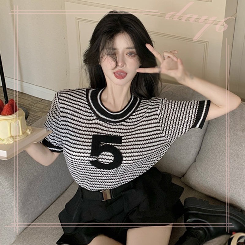 Áo Thun Tay Ngắn Họa Tiết Sọc Ngang Phong Cách Hàn Quốc Dành Cho Nữ