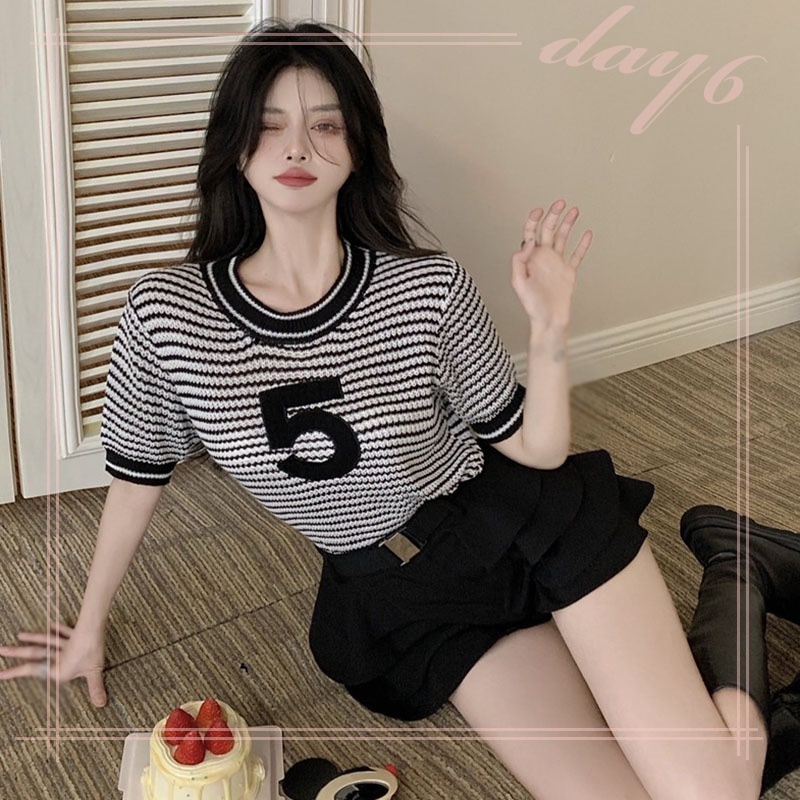 Áo Thun Tay Ngắn Họa Tiết Sọc Ngang Phong Cách Hàn Quốc Dành Cho Nữ