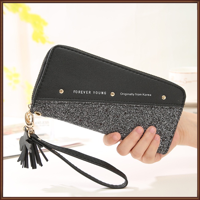 Ví Da Pu Dáng Dài Nhiều Ngăn Đựng Thẻ Phối Khóa Kéo Màu Tương Phản Thời Trang Cho Nữ