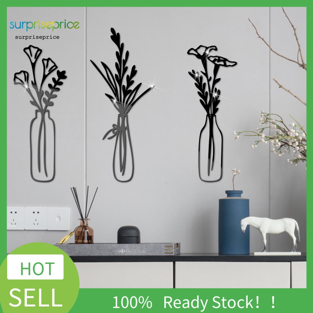 Bộ 3 Miếng Dán Tường Bằng Acrylic Tráng Gương Hình Lọ Hoa Lấp Lánh Trang Trí Nhà Cửa