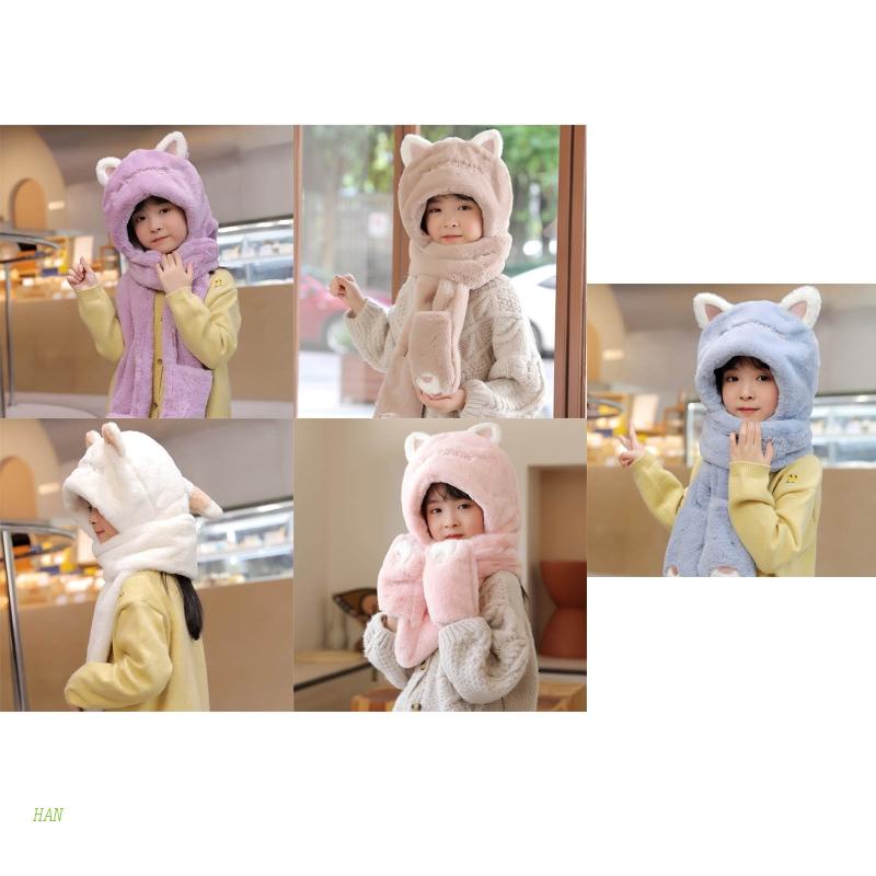 Set Mũ beanie Kèm Khăn Choàng Cổ Và Găng Tay Giữ Ấm Mùa Đông Kiểu Dáng Hoạt Hình Dễ Thương Dành Cho Các Bé