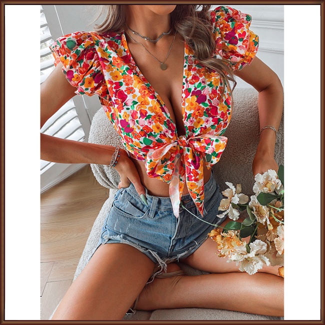 Áo Croptop Chiffon Tay Ngắn Dáng Rộng In Họa Tiết Hoa Đính Nơ Thời Trang Mùa Hè Xinh Xắn Cho Nữ