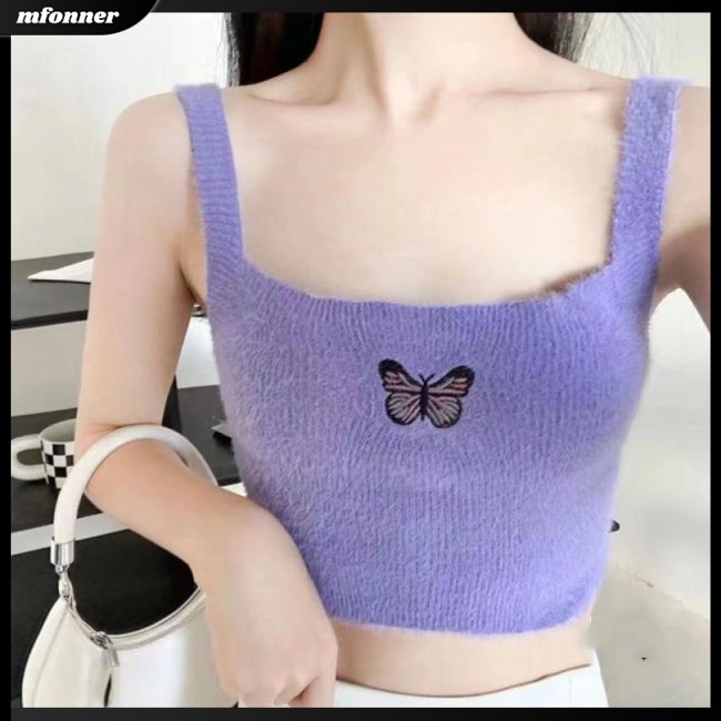 Áo Croptop Không Tay Thêu Hình Bướm Nhiều Màu Sắc Phong Cách Retro Thời Trang Dành Cho Nữ
