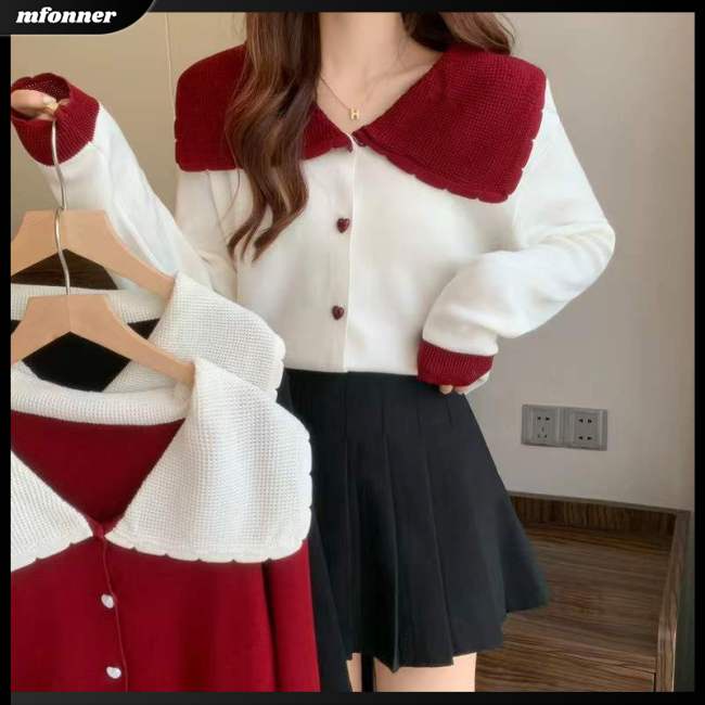 Áo Khoác Cardigan Dệt Kim Tay Dài Màu Sắc Tương Phản Thời Trang Cho Nữ