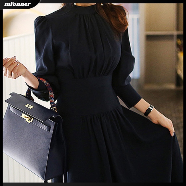 Đầm Dài Tay Cổ Đứng Màu Trơn Thiết Kế Ôm Sát Tôn Dáng Thời Trang Dành Cho Nữ