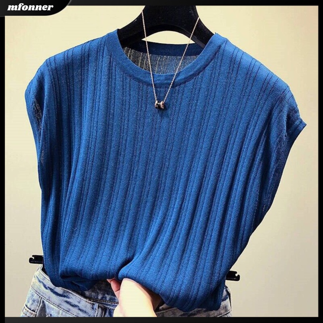 Áo Dệt Kim Tay Ngắn Cổ Tròn Màu Sắc Đơn Giản Cho Nữ Có Size Lớn