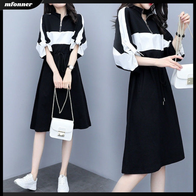 Đầm Midi Cánh Dơi Dáng Chữ A Tay Dài Màu Sắc Tương Phản Thời Trang Cho Nữ