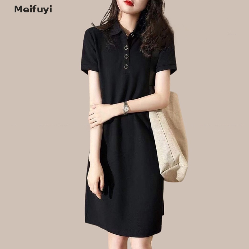 Đầm Mini Tay Ngắn Cổ Bẻ Dáng Chữ A Màu Trơn Cài Khuy Kiểu Retro