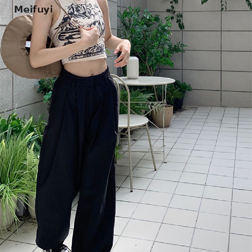 [Meifuyi] Quần Ống Rộng Lưng Cao Dáng Rộng Cài Nút Màu Trơn Phong Cách Đường Phố Trẻ Trung Giản Dị