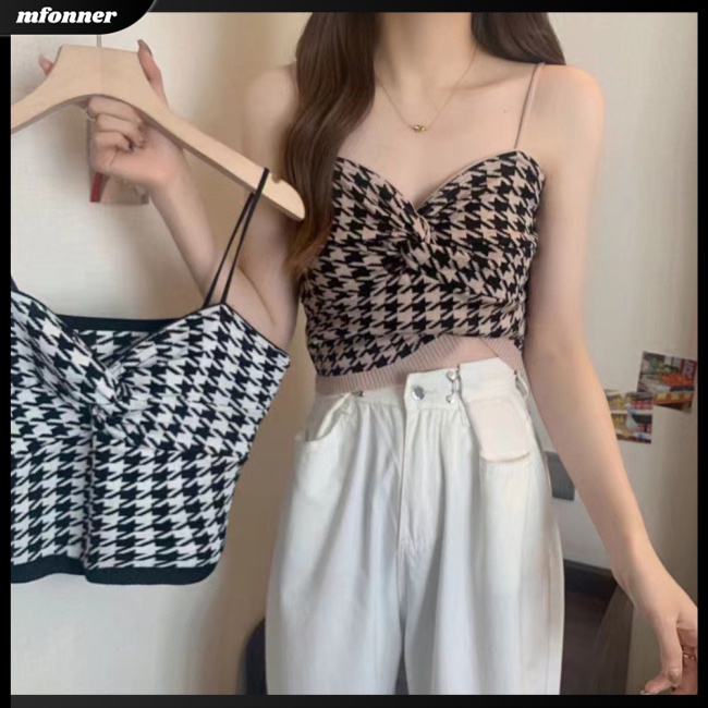 Áo Croptop Hai Dây Cổ Chữ V Dáng Ôm In Họa Tiết Houndstooth Thời Trang Cho Bạn Gái