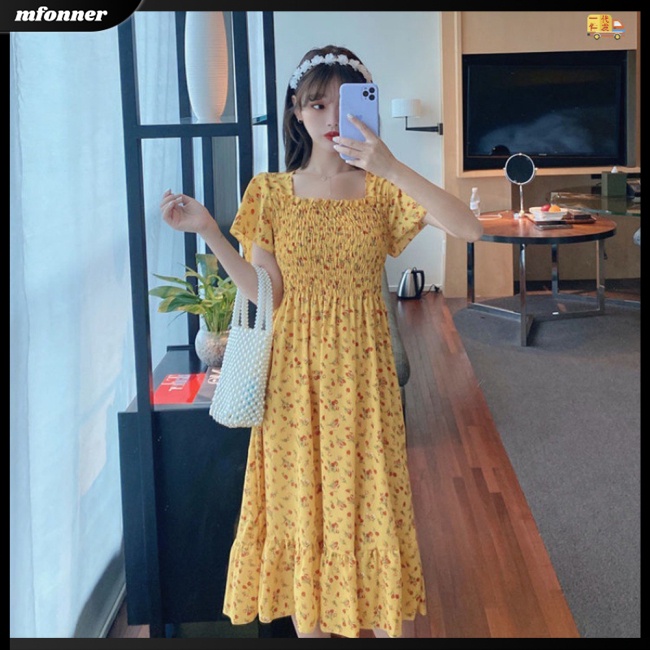 Đầm Chiffon Cổ Vuông Họa Tiết Hoa Phong Cách Pháp Ngọt Ngào Thời Trang Xuân Hè Cho Nữ