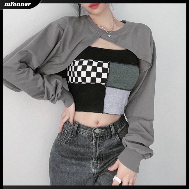 Set Đồ 2 Món Gồm Áo Sơ Mi Tay Dài Dáng Rộng Kẻ Caro Màu Tương Phản + Áo Hai Dây Thời Trang Cho Nữ