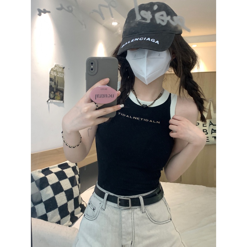Áo Tank Top Hai Dây Ôm Dáng In Chữ Màu Tương Phản Kiểu Hàn Quốc Thời Trang Mùa Hè