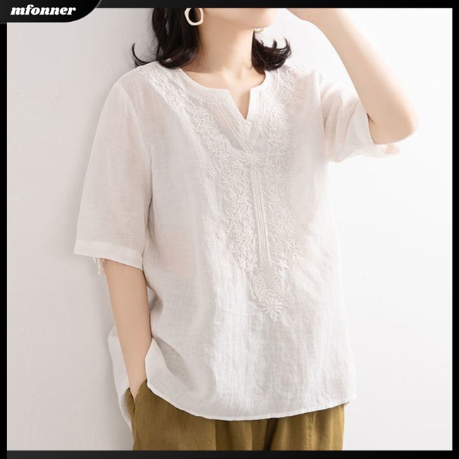 Áo Sơ Mi Cotton Lanh Tay Ngắn Dáng Rộng Thêu Họa Tiết Xinh Xắn Thời Trang Mùa Hè Cho Nữ