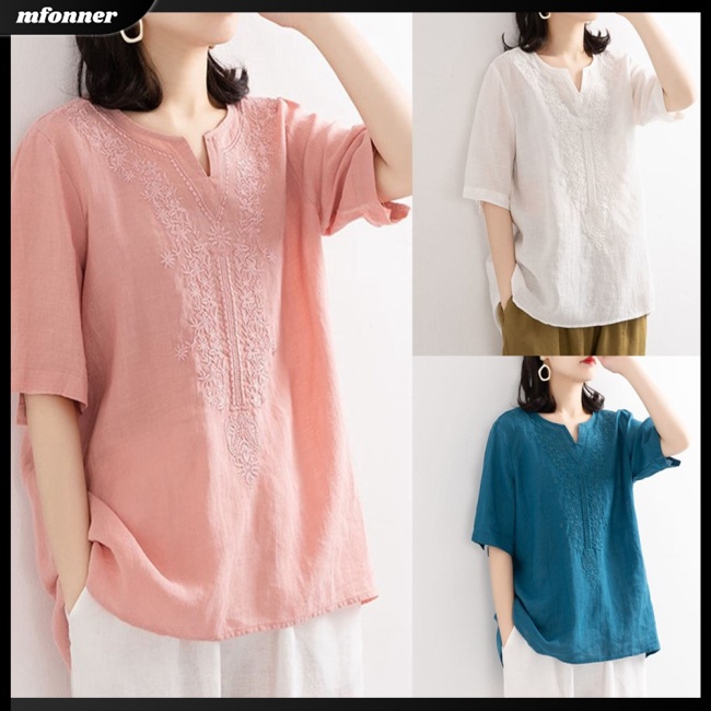 Áo Sơ Mi Cotton Lanh Tay Ngắn Dáng Rộng Thêu Họa Tiết Xinh Xắn Thời Trang Mùa Hè Cho Nữ