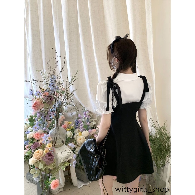 Wittygirls-bộ Áo + Chân Váy Buộc Dây Eo Họa Tiết Bướm Cho Nữ