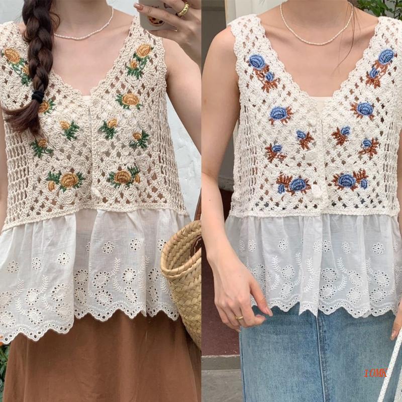 Xiangbao Áo T Đan Móc Viền Ren Thêu Hoa Phong Cách Ngọt Ngào Thời Trang Mùa Hè